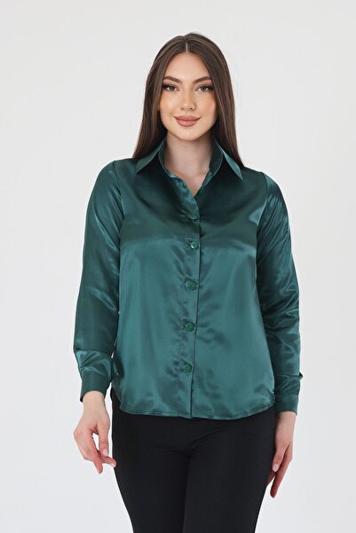 Hazel قميص نسائي من الساتان باللون الأخضر الزمردي الخفيف