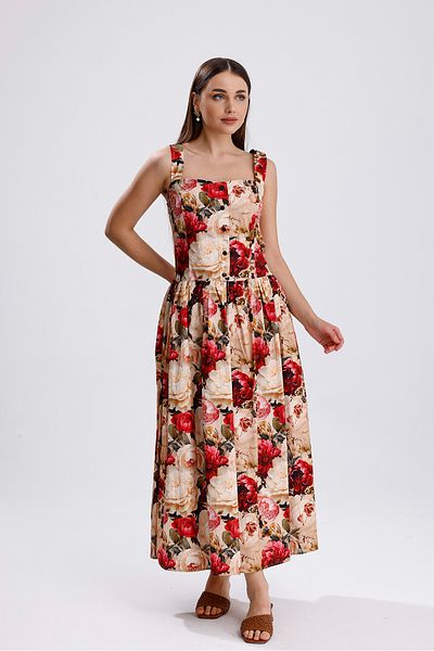 Sense Rochie lungă florală cu nasturi în față cu centură în talie |   ELB36268 Trandafir mare