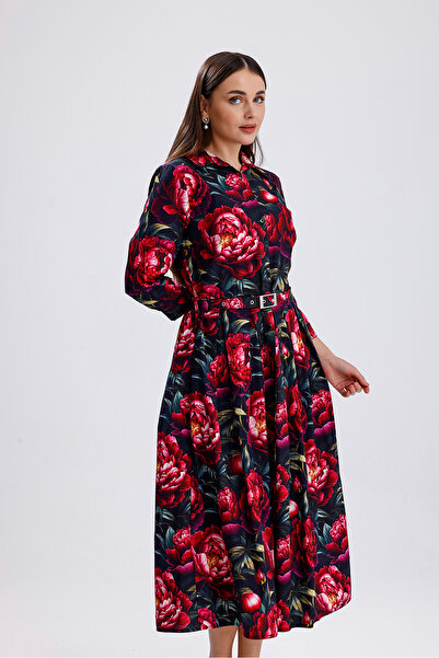 Sense Yandan Cepli Kemerli Önü Düğmeli Uzun Elbise | ELB36264 Kırmızı Güllü