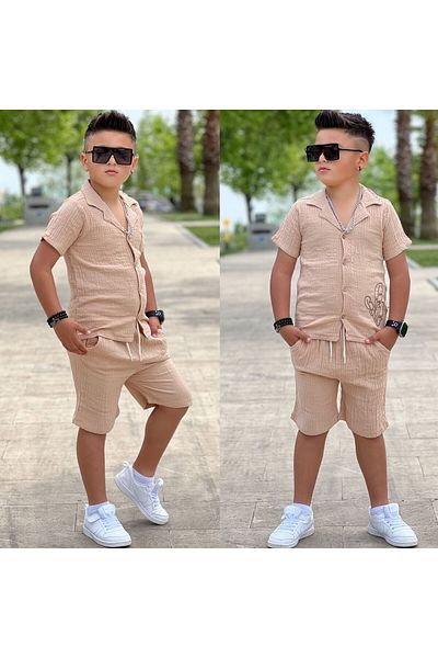 yns coolstar Muslin Fabric 100% Cotton Embroidered Shirt and Shorts Unisex 2-Piece Set