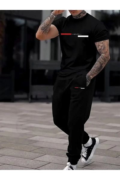 PAVRO Casual Fashion Short Sleeve Tracksuit for Men Suit Top+Sweatpants Two Piece Set Stripes Printed
