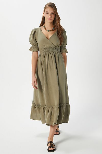 Ritnice Women's Hailey Cotton Muslin Khaki Waist Elastic Dress