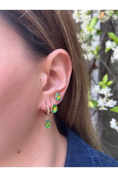 MODA 3’lü Yeşil Damla Taşlı Çelik Küpe Seti – Beyaz Taş Detaylı, Şık ve Zarif