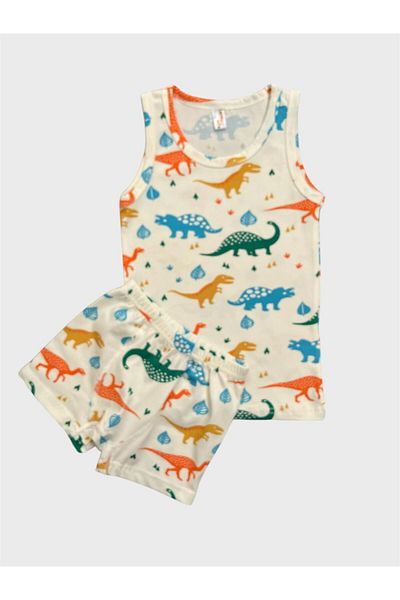 elmas kids Boy's Cotton Ecru Color Dinosaur Patterned Athlete Boxer Set
