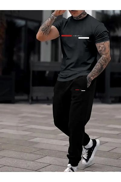 PAVRO Casual Fashion Short Sleeve Tracksuit for Men Suit Top+Sweatpants Two Piece Set Stripes Printed
