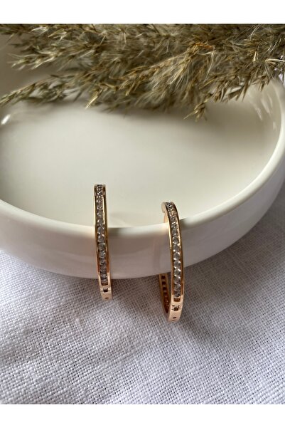 Luvitaaksesuar Zirkon Taşlı Rose Gold Renk İnce Halka Küpe