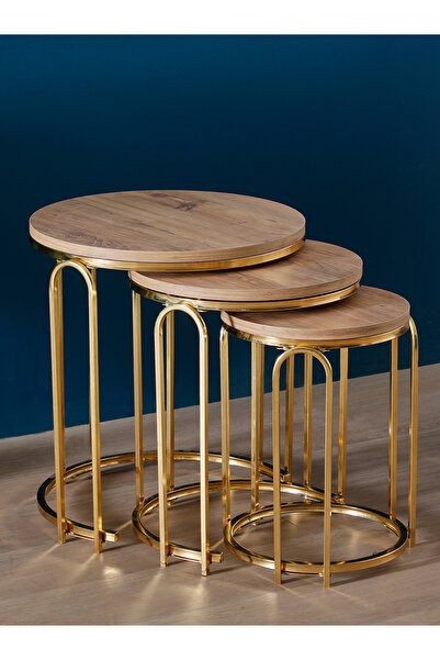 SEDAŞ LIVING UNITS Lenka Zigon Sehpa Takımı Yuvarlak 3'lü Gold Metal - Açık Ceviz sedaş-lenka-zigon-gold