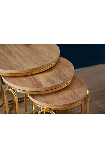 SEDAŞ LIVING UNITS Lenka Zigon Sehpa Takımı Yuvarlak 3'lü Gold Metal - Açık Ceviz sedaş-lenka-zigon-gold