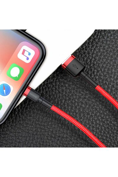 Baseus Lightning Cable for iPhone 14 13 12 11 Pro Max, QC3.0 2.4A 1M, Baseus Cafule Durable Nylon - Red
