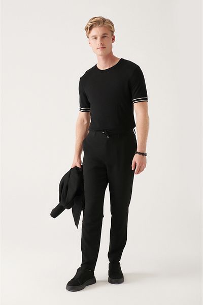 Avva Men's Black Stretch Waist Elastic Lace-Up Trousers A31Y3202