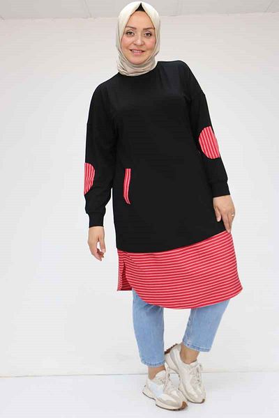 Eslina 58034 plus size pocket Paneled jersey tunic - black-red