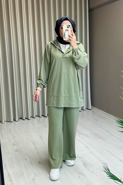 Beray Snap Detailed Hooded Honeycomb Fabric Sports Hijab Double Set