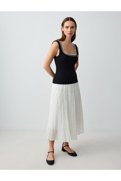 Jimmy Key Ecru Relaxed Cut High Waist Cotton Woven Midi Skirt