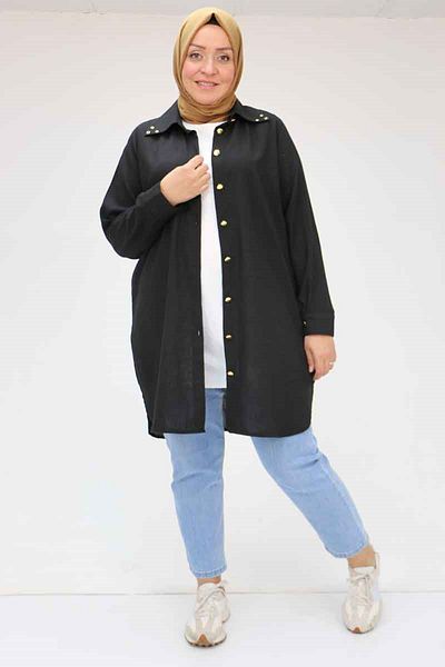 Eslina 58081 large size buttoned collar detailed linen tunic - black