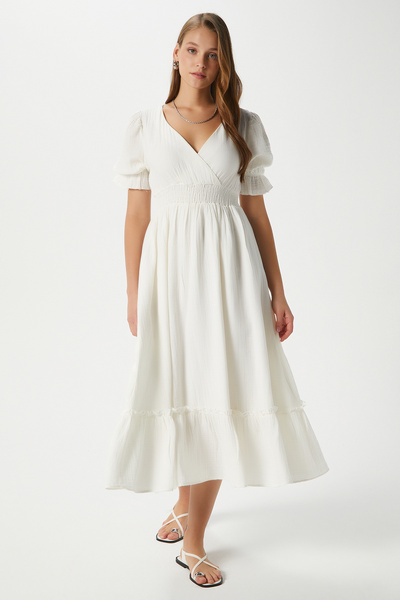 Ritnice Women's Hailey Cotton Muslin White Waist Elastic Dress