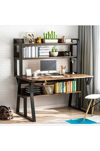 1st Home Computer Desk With Multi-layer Storage Shelves And Bookshelf- Brown Color