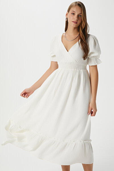 Ritnice Women's Hailey Cotton Muslin White Waist Elastic Dress