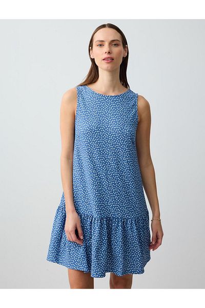 Jimmy Key Blue Relaxed Cut Round Neck Sleeveless Polka Dot Knitted Mini Dress