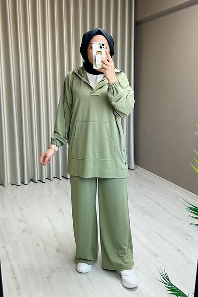 Beray Snap Detailed Hooded Honeycomb Fabric Sports Hijab Double Set