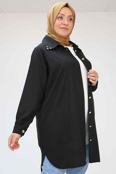 Eslina 58081 large size buttoned collar detailed linen tunic - black