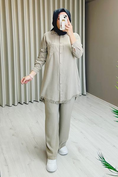 T Moda Store Premium Fabric Snap Button Detailed Shirt Trousers Double Hijab Suit
