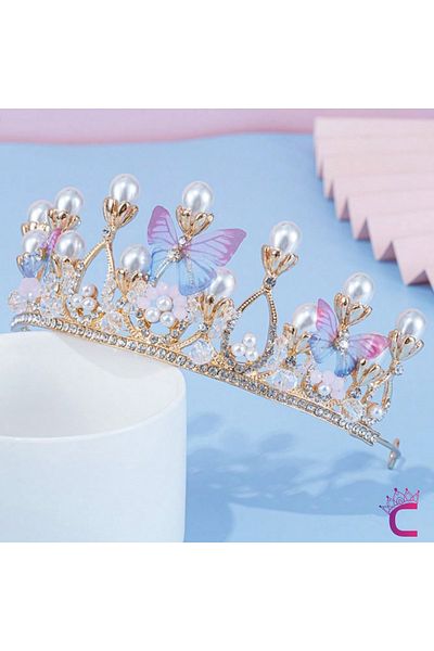 Cinderella Butterfly Pearl Zircon Stone Girl's Princess Crown Gold- Tiara Birthday Party Crown Hair Band Buckle