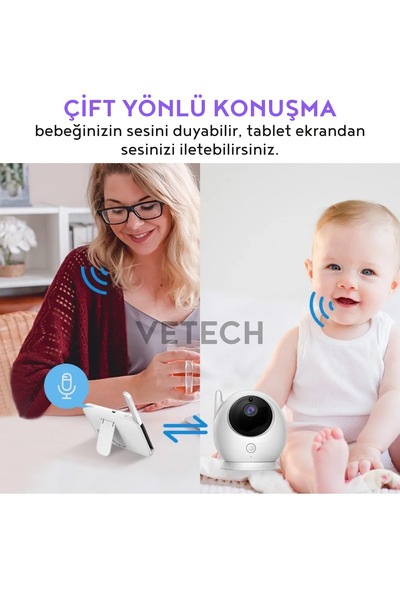 Vetech Bebek Kamerası Ekranlı Bebek İzleme Monitörü Gece Görüşlü Bebek Telsizi