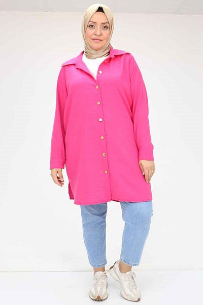 Eslina 58081 large size buttoned collar detailed linen tunic - fuchsia