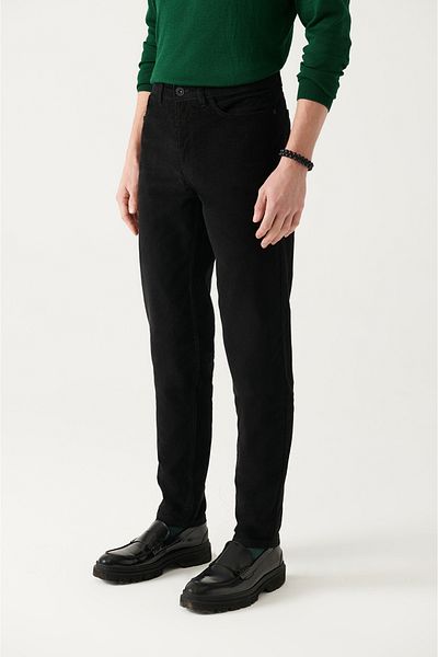 Avva Men's Black 100% Cotton Dobby 5-Pocket Lycra Velvet Trousers A22Y3044