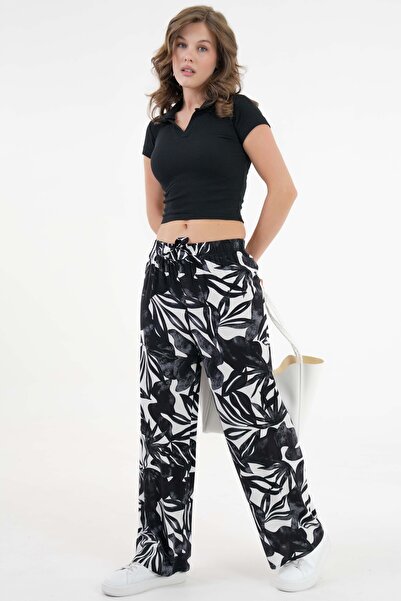 Saade Beyaz Desenli Beli Lastikli Bağlamalı Bol Paça Dokuma Pantolon