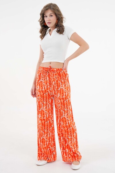 Saade Turuncu Beli Lastikli Bağlamalı Bol Paça Dokuma Pantolon