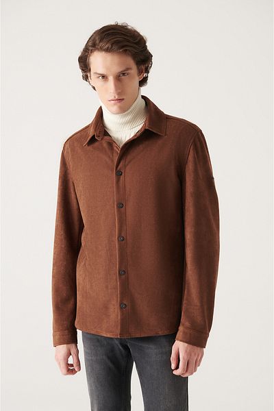 Avva Ανδρικό πουκάμισο με κουμπωτό καφέ Faux Suede A22y2017