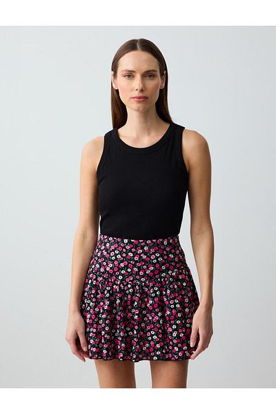 Jimmy Key Pink Relaxed Cut Regular Waist Floral Patterned Knitted Mini Skirt