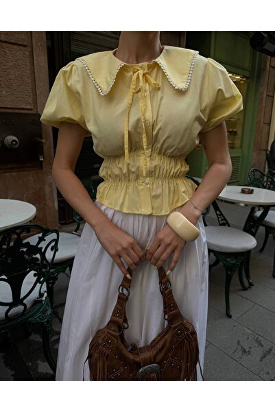 GALAVİP Kadın Yeni Sezon Bebe Yaka Detaylı Gömlek Bluz Sarı