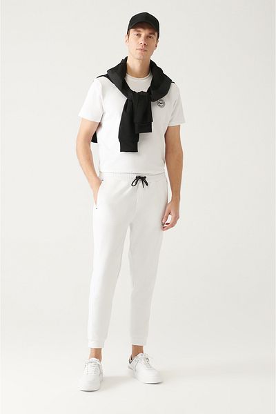 Avva Men's White Waist Lace-Up Side Pocket Cotton Elastic Leg Sweatpants A31Y3405