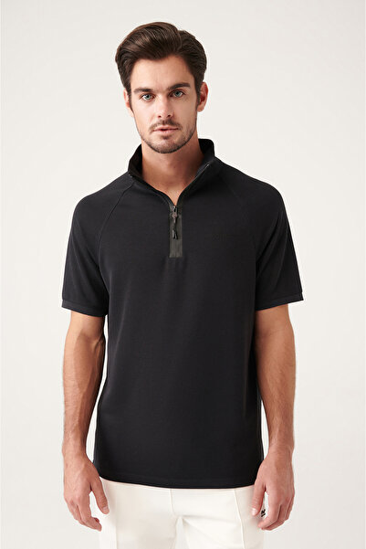 Avva Tricou negru pentru bărbați, cu jumătate de fermoar, cu guler moale, cu ...