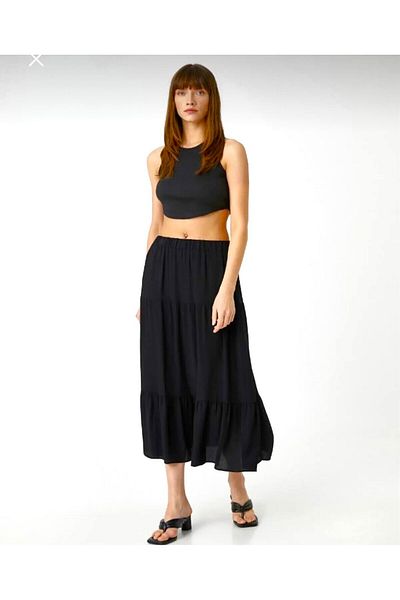 Kahra Collection Black Midi Length 75cm Lined Tiered Skirt (Not Suitable for Hijab)