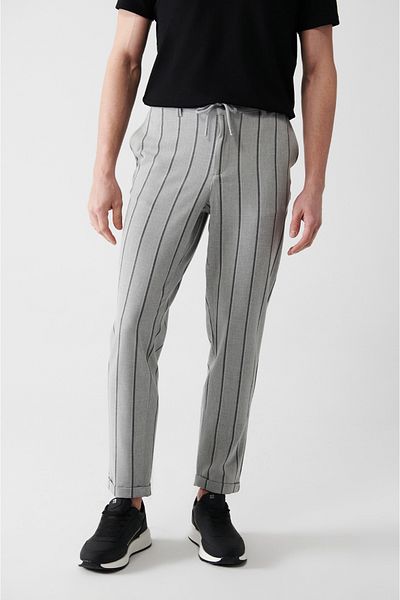 Avva Ανδρικό γκρι ελαστικό ριγέ παντελόνι Jogger - Διπλό πόδι, ελαστική πίσω μέση A31y3020