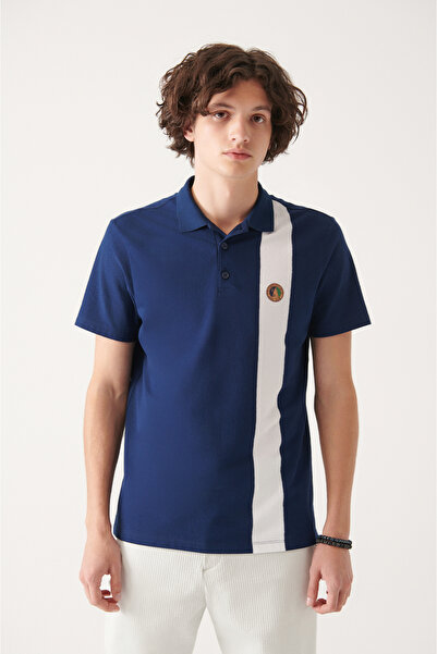 Avva Pánské bavlněné tričko s námořnickou modrou pololímečkem s potiskem A31Y1023