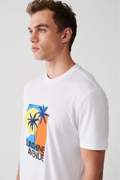 Avva Weißes, ultraweiches, bedrucktes Herren-T-Shirt mit Rundhalsausschnitt A31y1046
