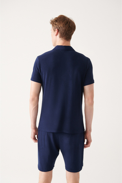 Avva Férfi sötétkék puha tapintású törölköző tengeri nyomott póló nyakú póló A31y1033