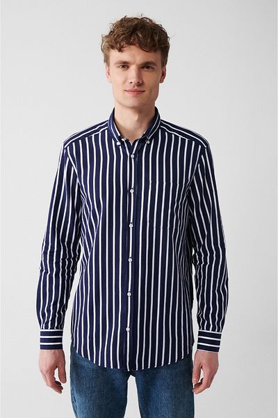 Avva Ανδρικό μπλουζάκι Navy 100% βαμβακερό Oxford ριγέ πουκάμισο A31y2055