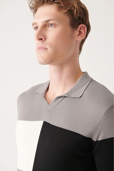 Avva Graues Baumwoll-Strick-T-Shirt mit Blockfarbe und Polokragen für Herren A31y5126