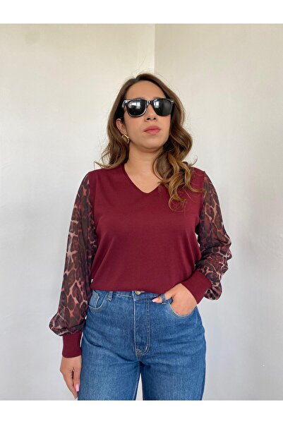Gizybutik Leopar Kol Detay Triko Bluz