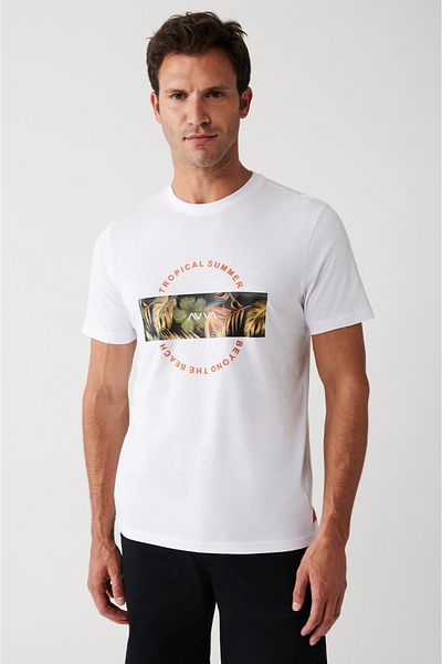 Avva Weißes, ultraweiches, bedrucktes Herren-T-Shirt mit Rundhalsausschnitt A31y1047
