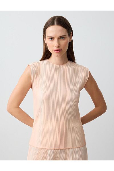 Jimmy Key Salmon Pink Relaxed Cut Round Neck Sleeveless Striped Knitted Blouse