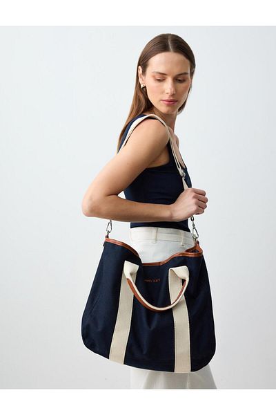 Jimmy Key Navy Blue Canvas Hand and Shoulder Bag with Removable Strap Detail