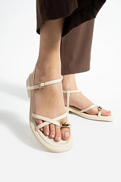 Pretty Girl Women's Beige Gold Ring Detailed Daily Soft and Comfortable Sandals