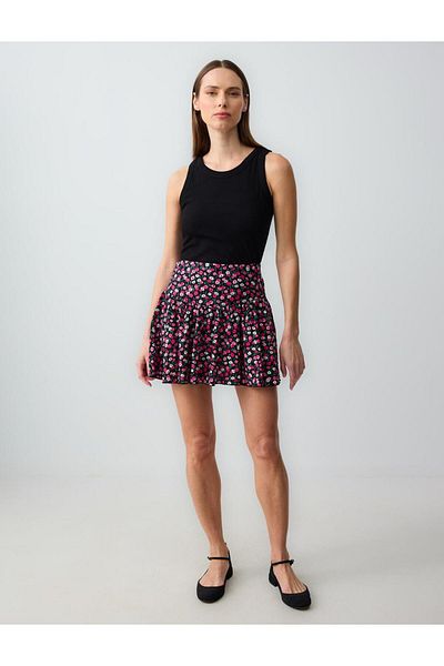 Jimmy Key Pink Relaxed Cut Regular Waist Floral Patterned Knitted Mini Skirt