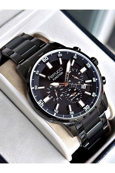 Ferrucci Black Color Functions Active Sports Steel Cord Men's Wrist Watch + Bracelet